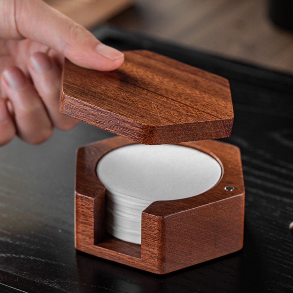 Coffee Equipment Organizer - Sechseckige Kaffeefilter-Papierbox aus massivem Holz, universeller